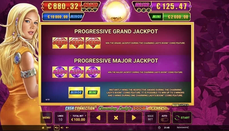 Cash Connection - Charming Lady's Boom Coins - Tabel jackpot Mini, Minor, Major, dan Grand