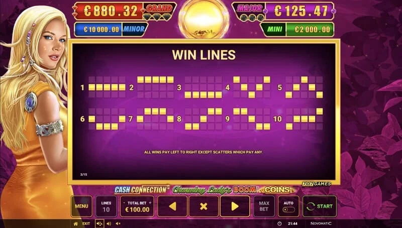 Cash Connection - Charming Lady's Boom Coins - Garis pembayaran dan Wild Charming Lady